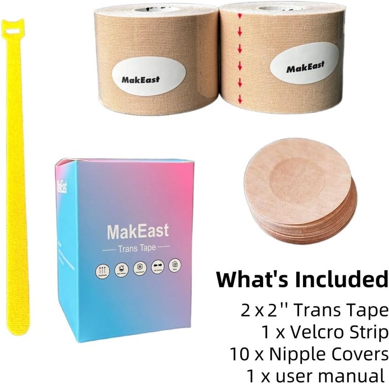 MakEast 2 Rolls Trans Tape for Transitioning Chest Binding Tape Latex Free FTM Chest Binder with Nipple Covers 2 in X 16.5 ft - Image 3